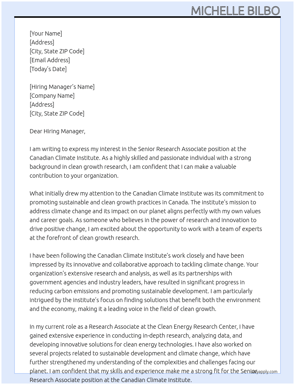 Senior Research Associate, Clean Growth At Canadian Climate Institute Cover Letter