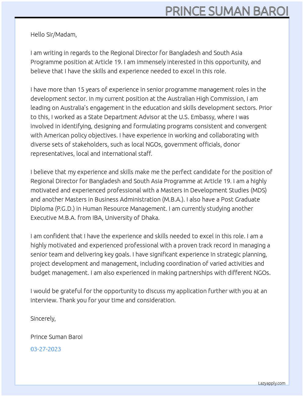 Regional Director for Bangladesh and South Asia Programme At Article 19 Cover Letter