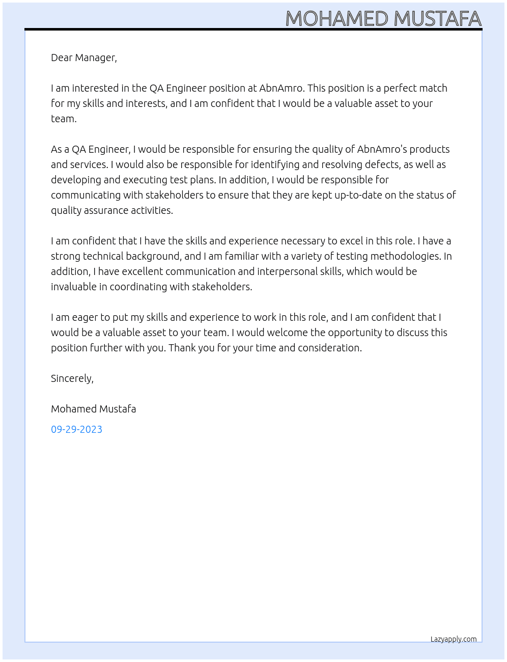 QA Engineer  At AbnAmro Cover Letter