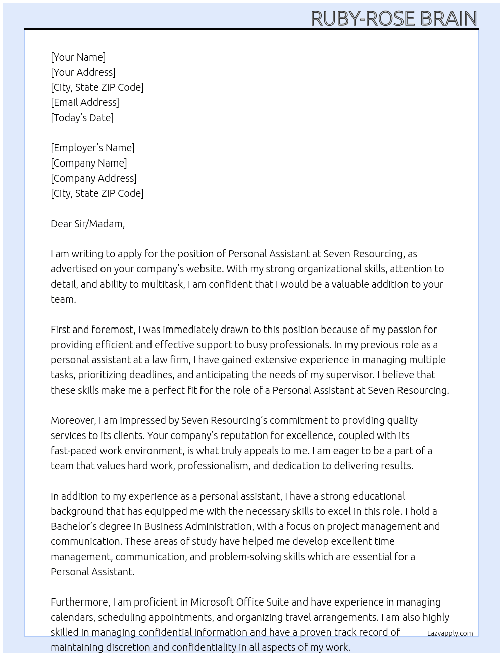 personal assistant  At Seven Resourcing Cover Letter