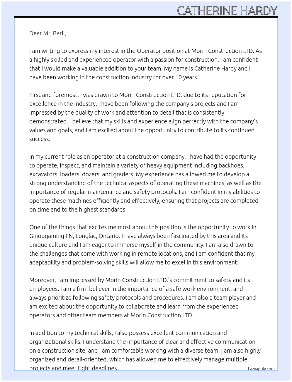 Operator At Morin Construction LTD. Cover Letter