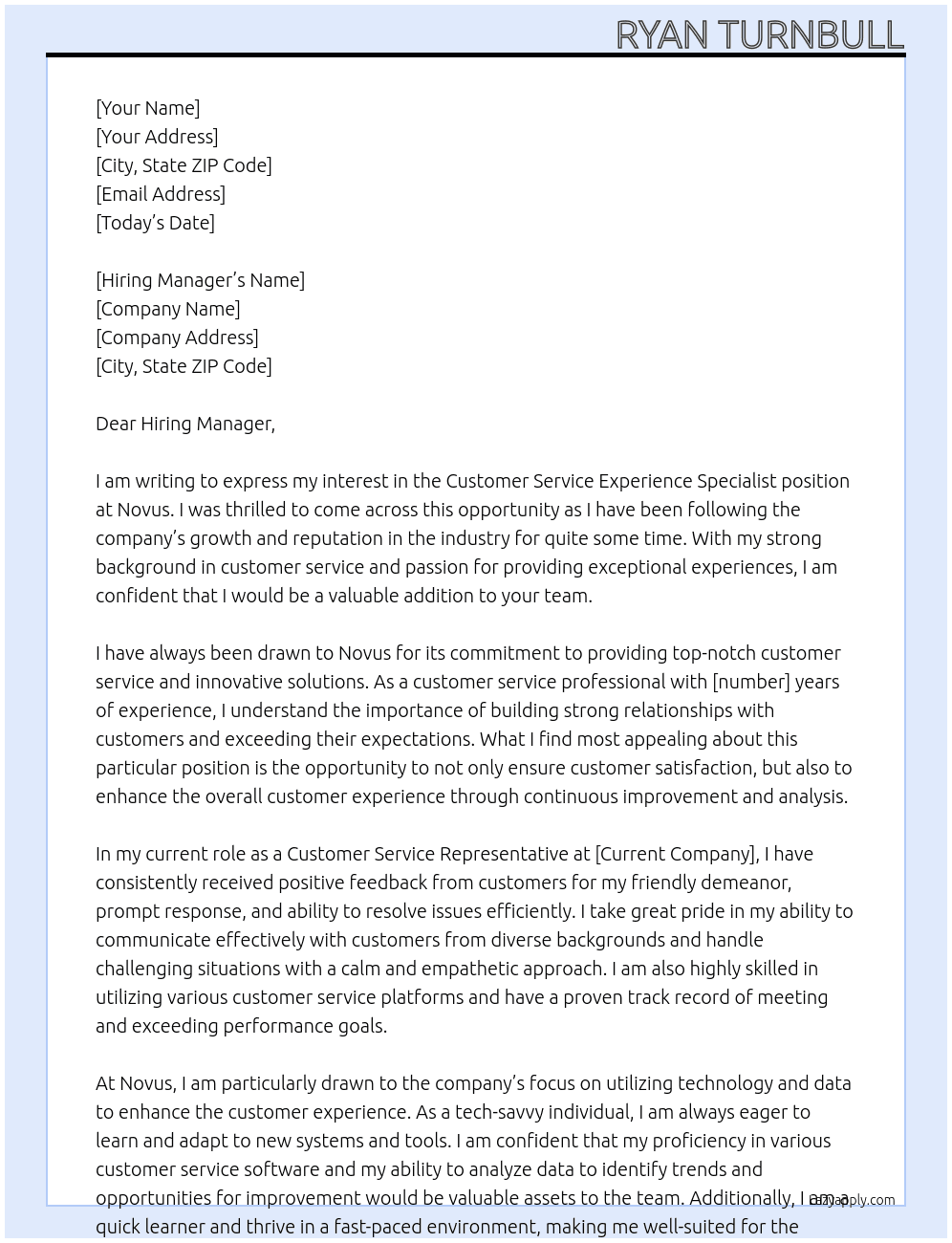 Customer Service Experience Specialist At Novus Cover Letter