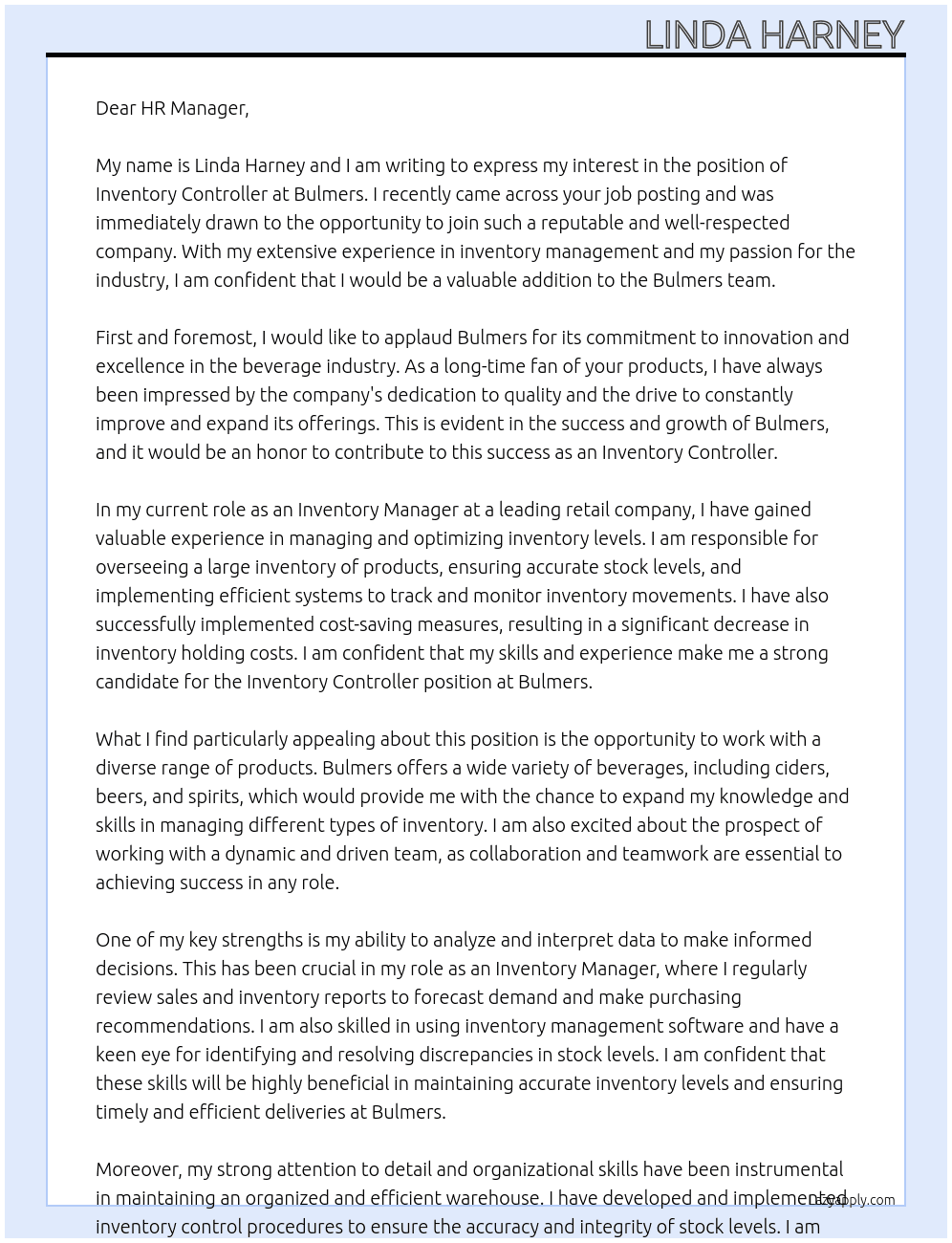 Inventory Controller At Bulmers Cover Letter