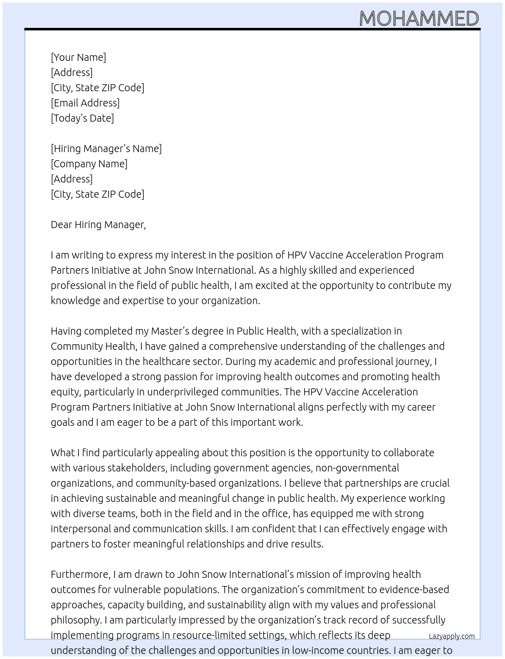 The HPV Vaccine Acceleration Program Partners Initiativ At John Snow International  Cover Letter