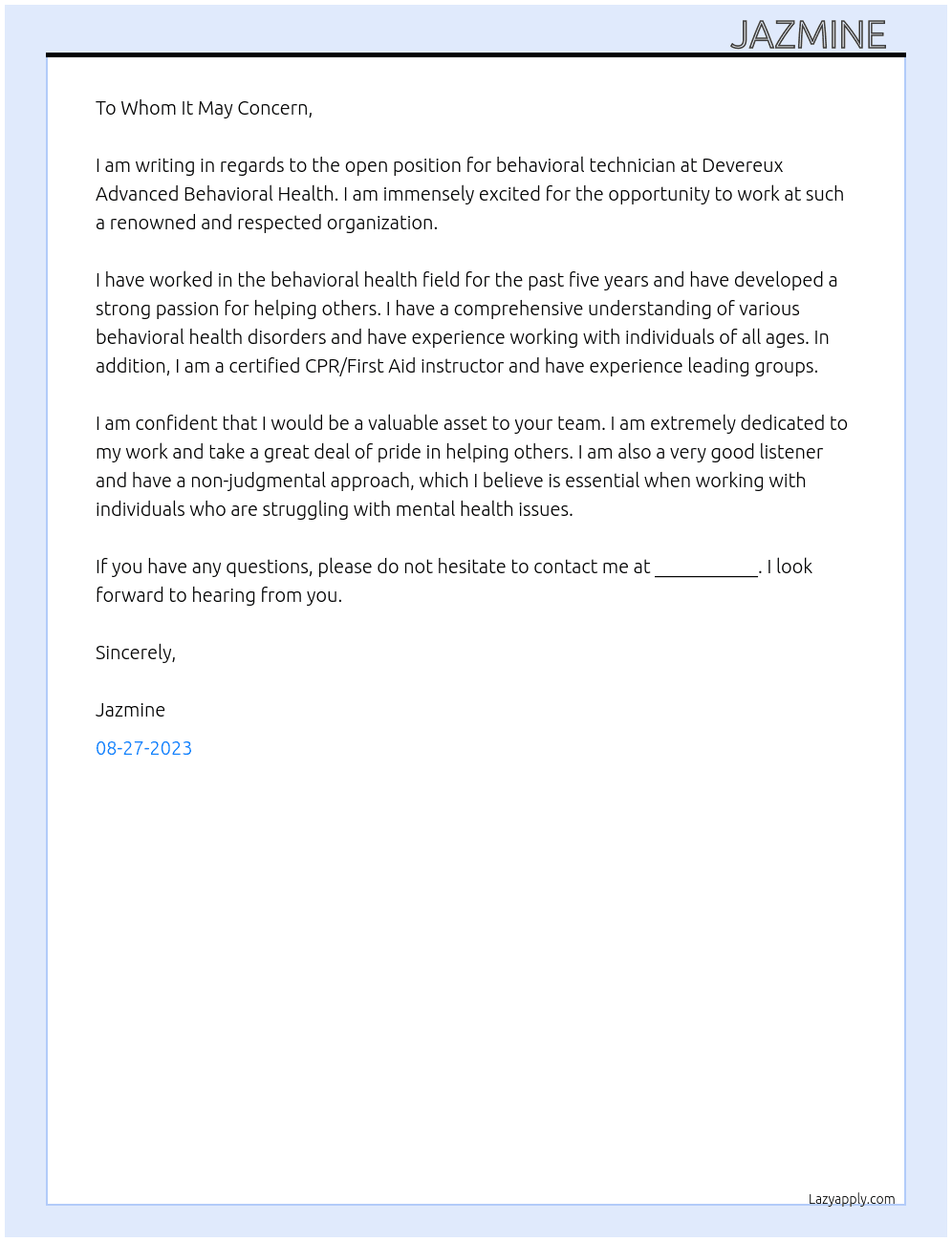 behavioral technician  At Devereux Advanced Behavioral Health Cover Letter