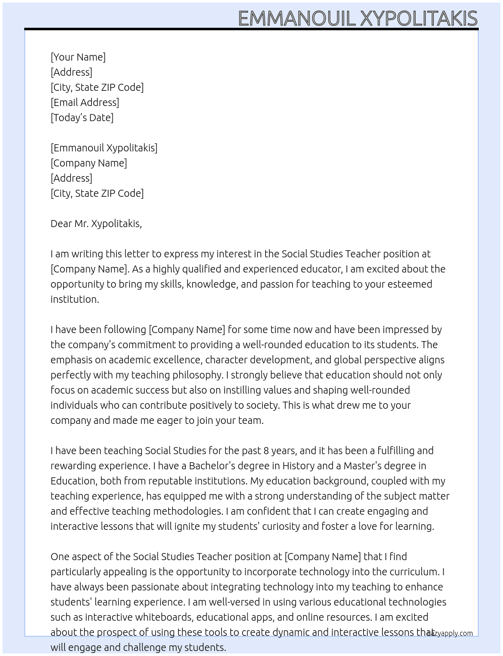 Social studies teacher At Emmanouil Cover Letter