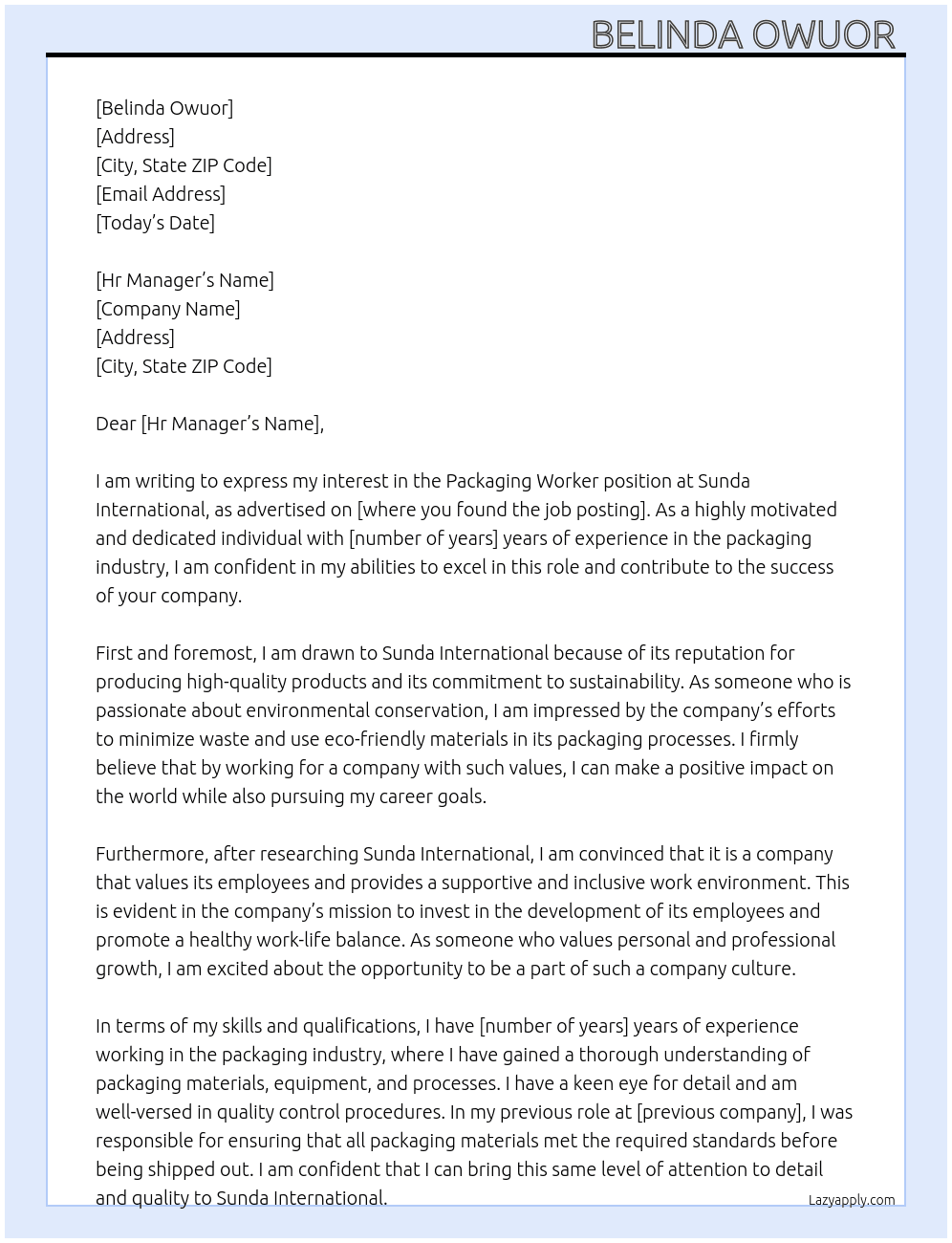 Packaging worker At Sunda International  Cover Letter