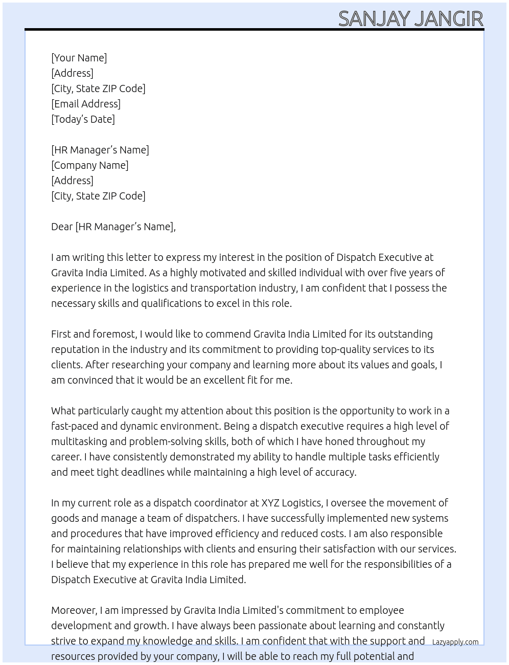 DISPATCH EXECUTIVE At GRAVITA INDIA LIMITED Cover Letter