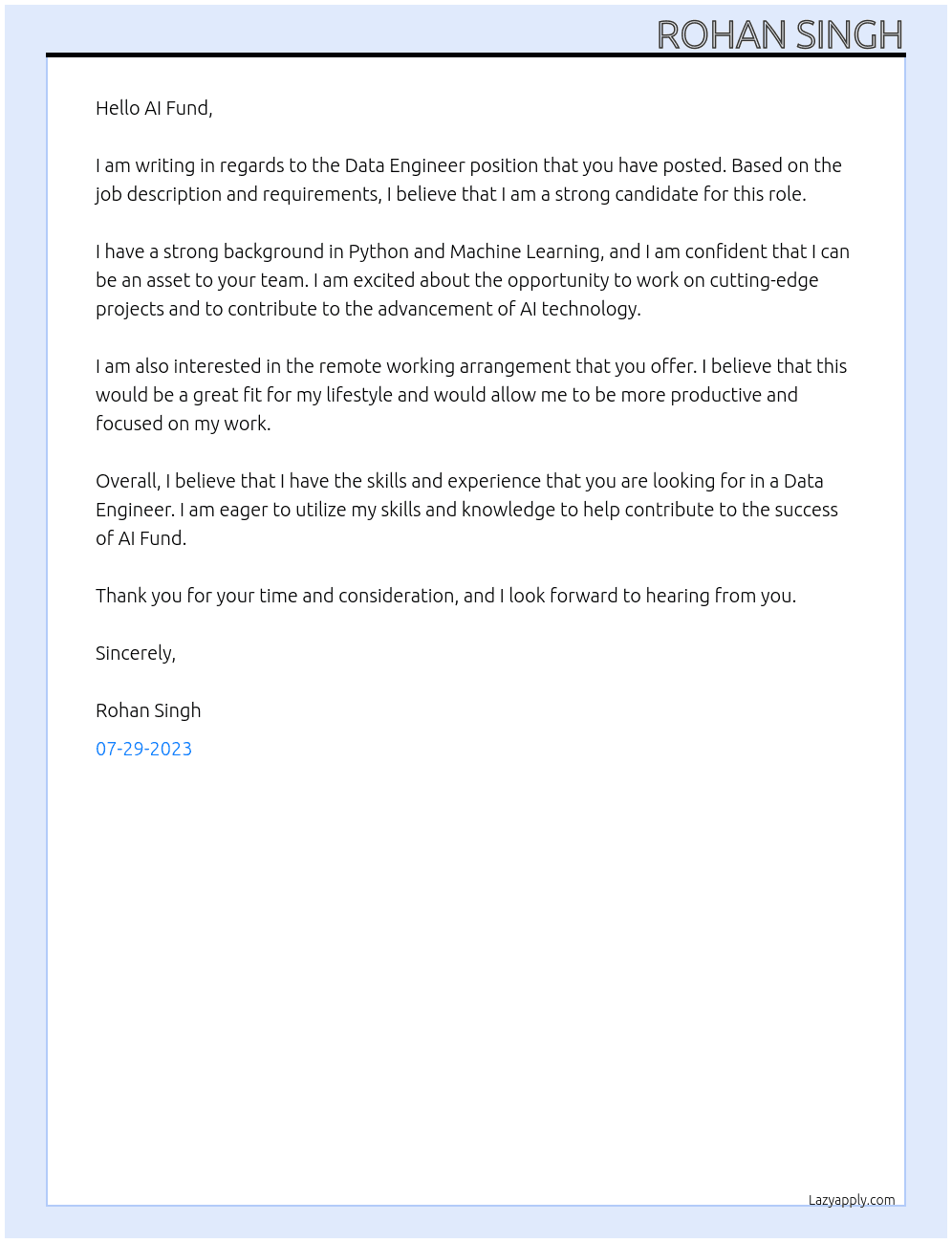 Data Engineer At AI Fund Cover Letter
