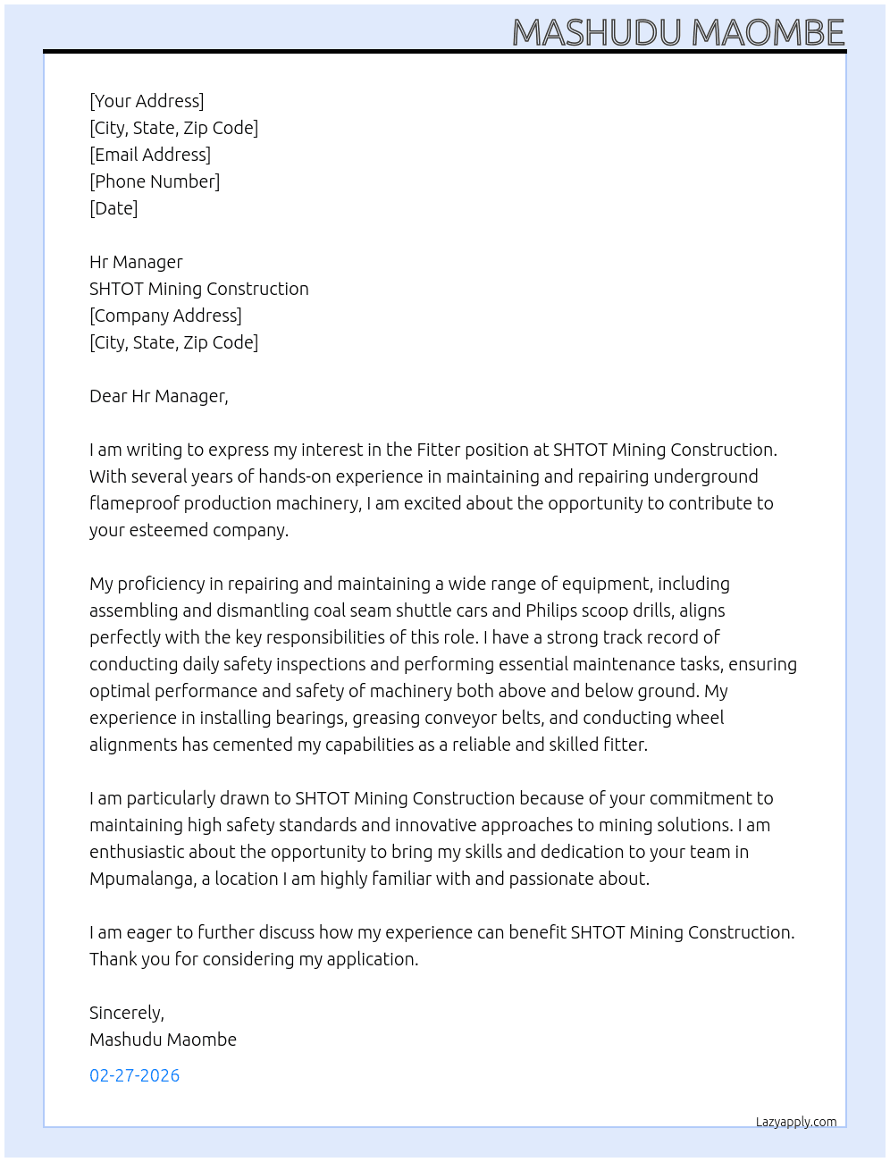 Cover letter for fitter - LazyApply