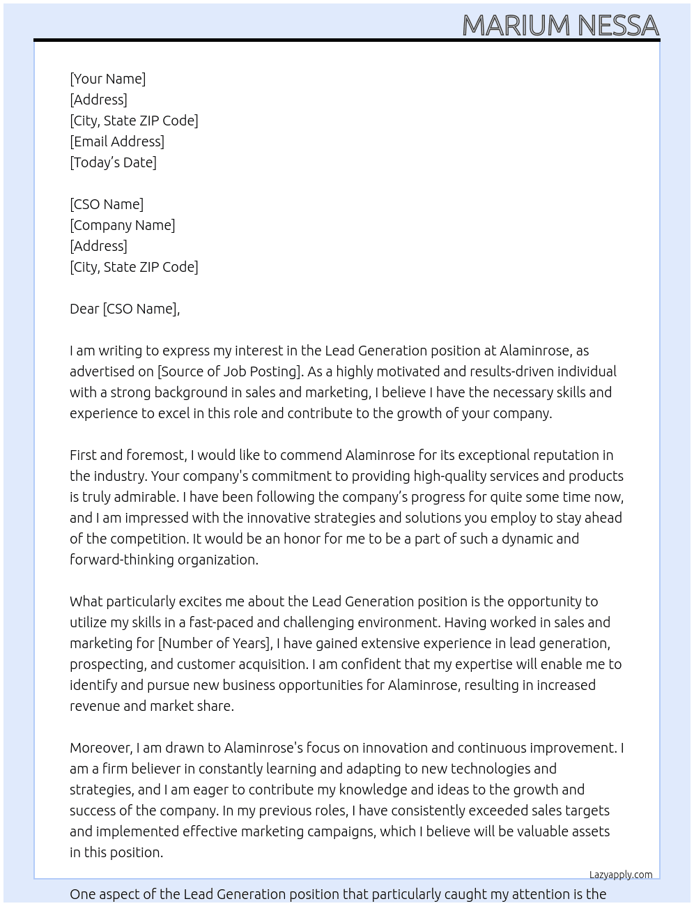 lead generation  At Alaminrose Cover Letter
