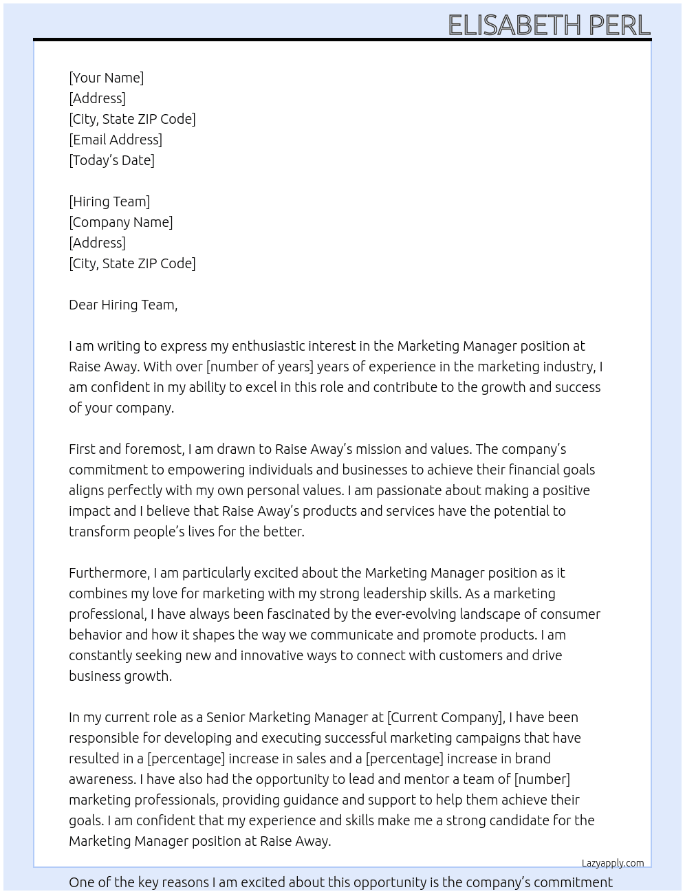 Marketing Manager  At Raise Away Cover Letter