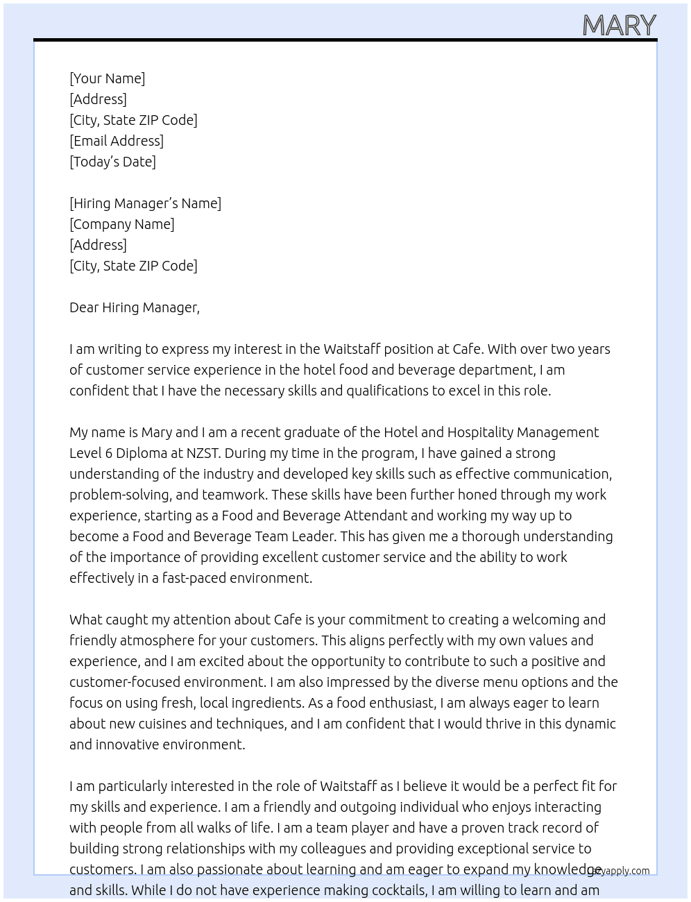 waitstaff At Cafe Cover Letter