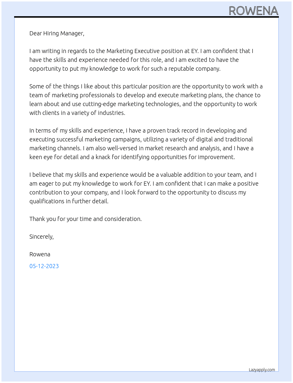 Marketing Executive At EY Cover Letter