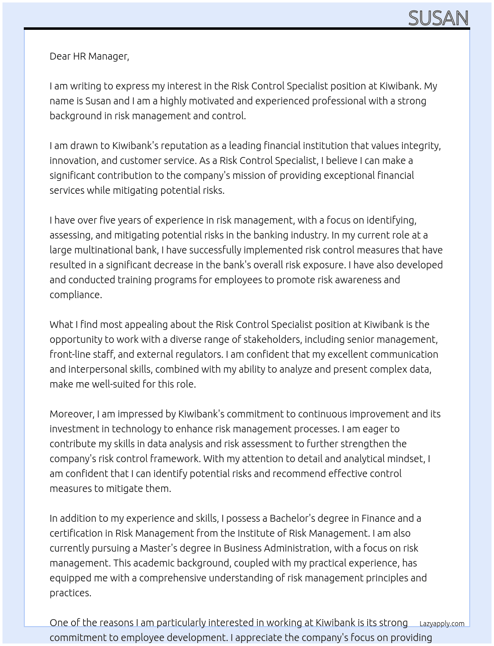 Cover letter for risk control specialist - LazyApply