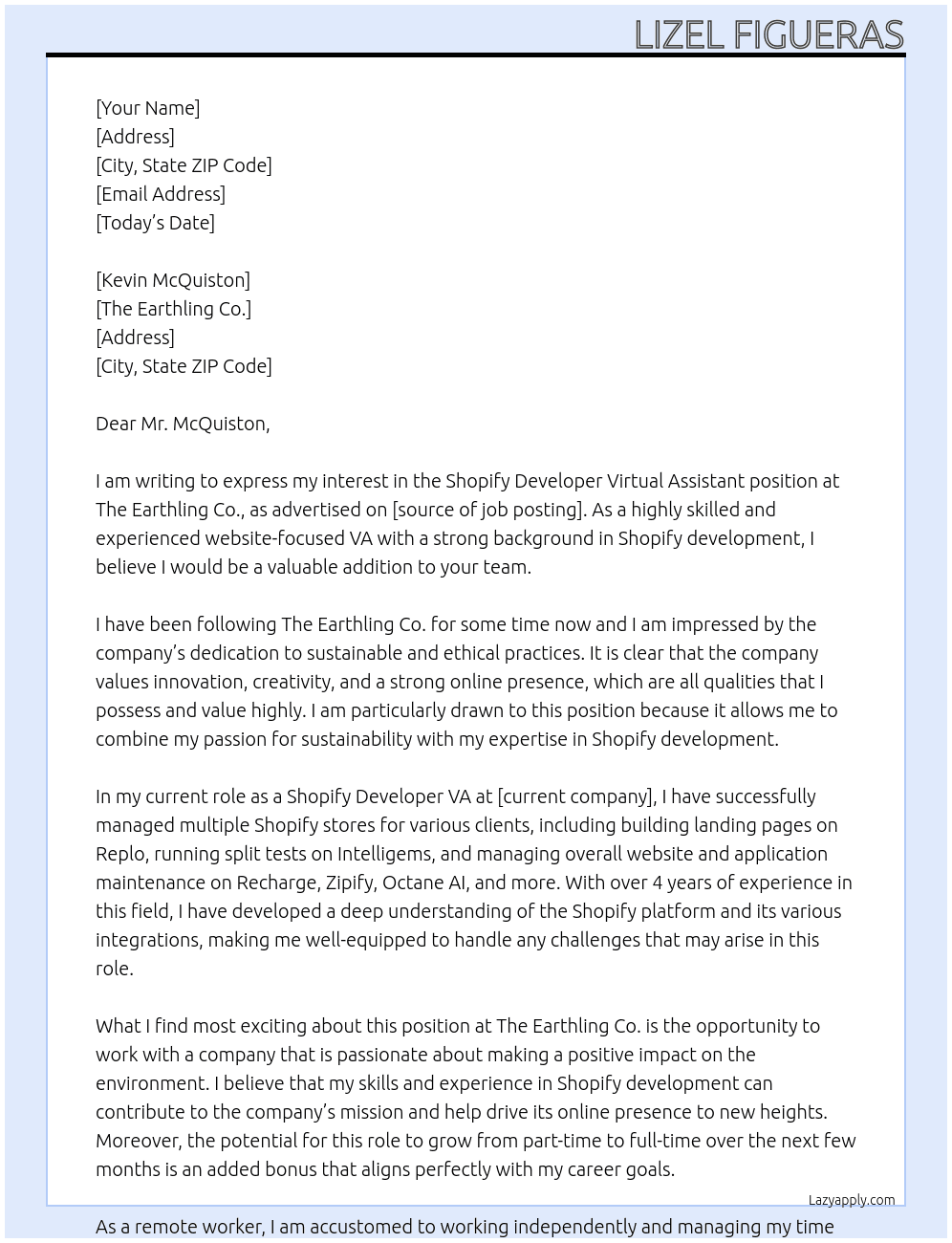 Shopify Developer Virtual Assistant At The Earthling Co. Cover Letter