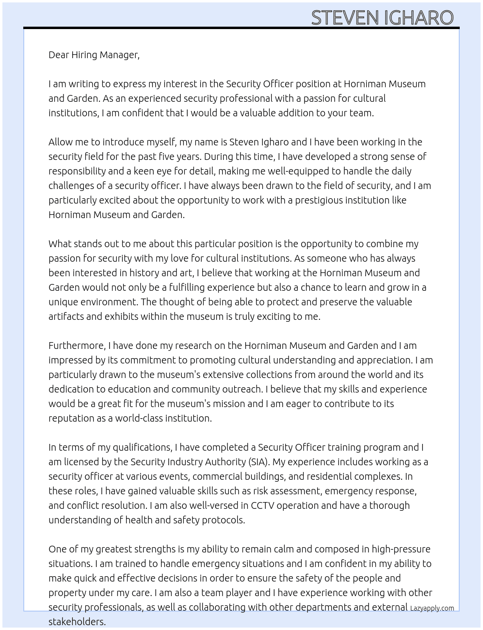 Security officer  At horniman museum and garden  Cover Letter