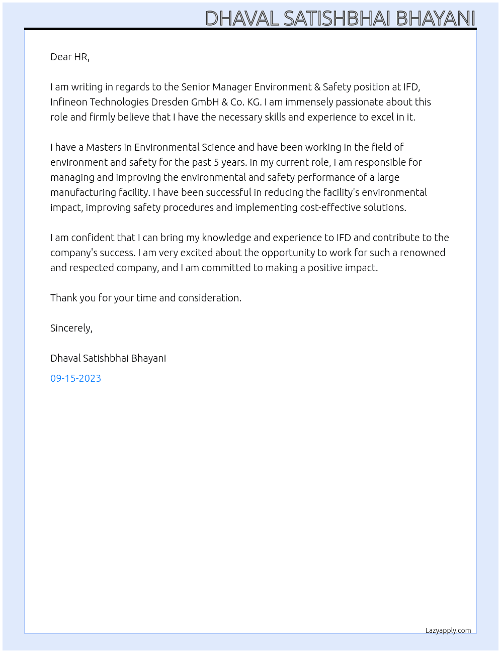 Senior Manager Environment & Safety At IFD, Infineon Technologies Dresden GmbH & Co. KG Cover Letter