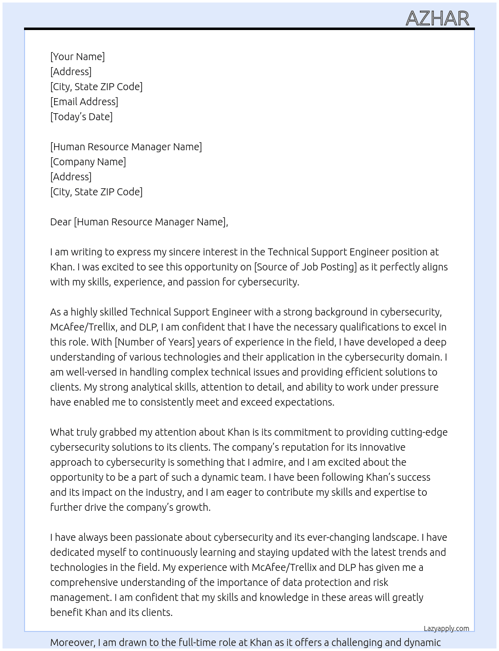 Technical support engineer  At Khan  Cover Letter