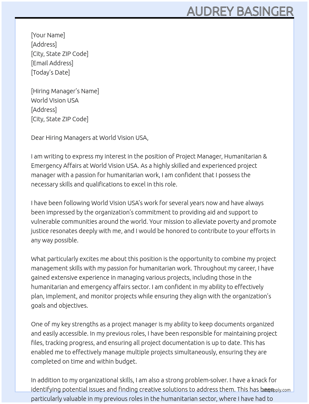 Project Manager, Humanitarian & Emergency Affairs At World Vision USA Cover Letter