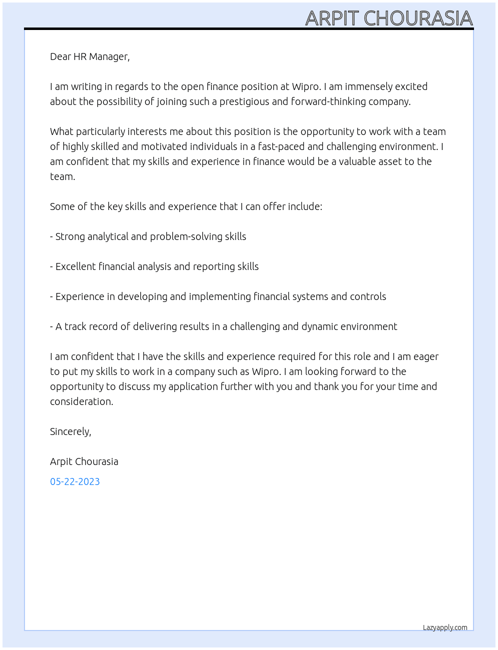 FINANCE  At WIPRO Cover Letter
