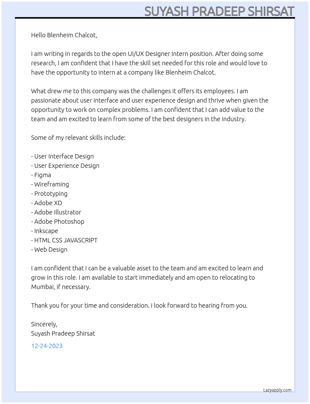 UI UX DESIGNER At Blenheim Chalcot  Cover Letter