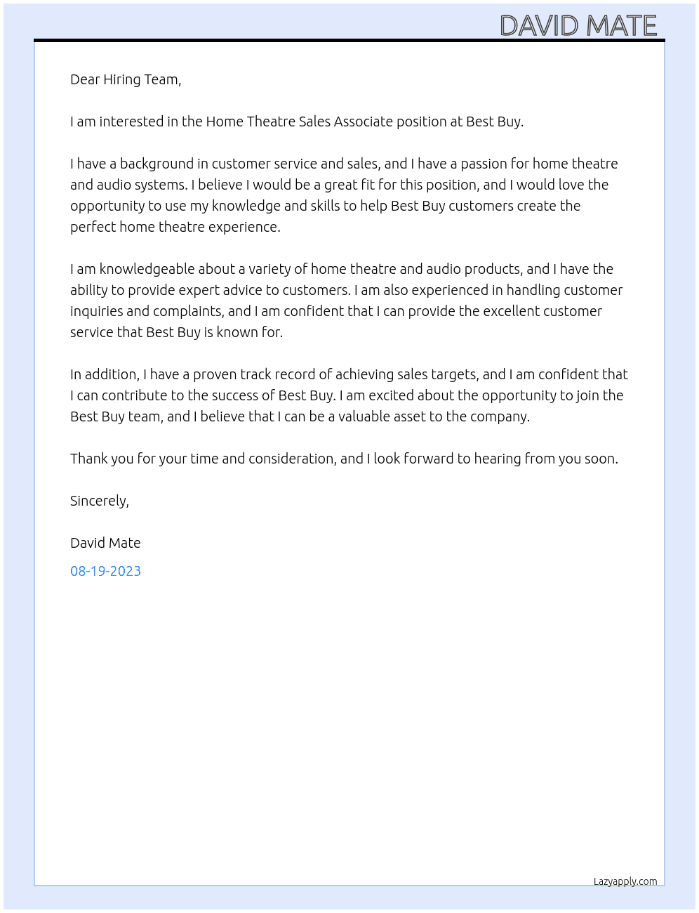 Home Theatre Sales Associate At Best Buy Cover Letter