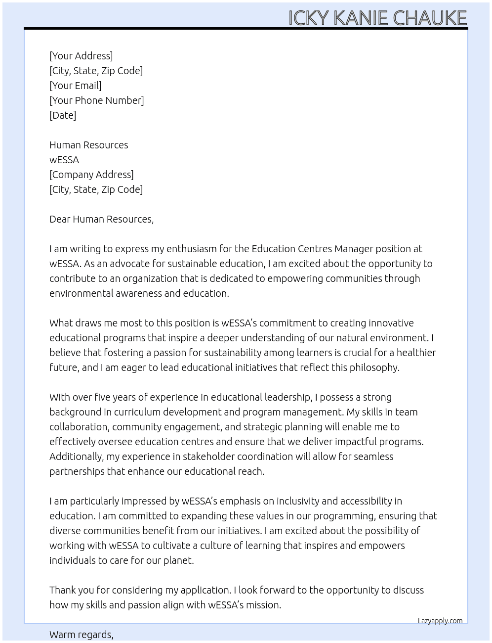 Education Centres Manager At wESSA Cover Letter