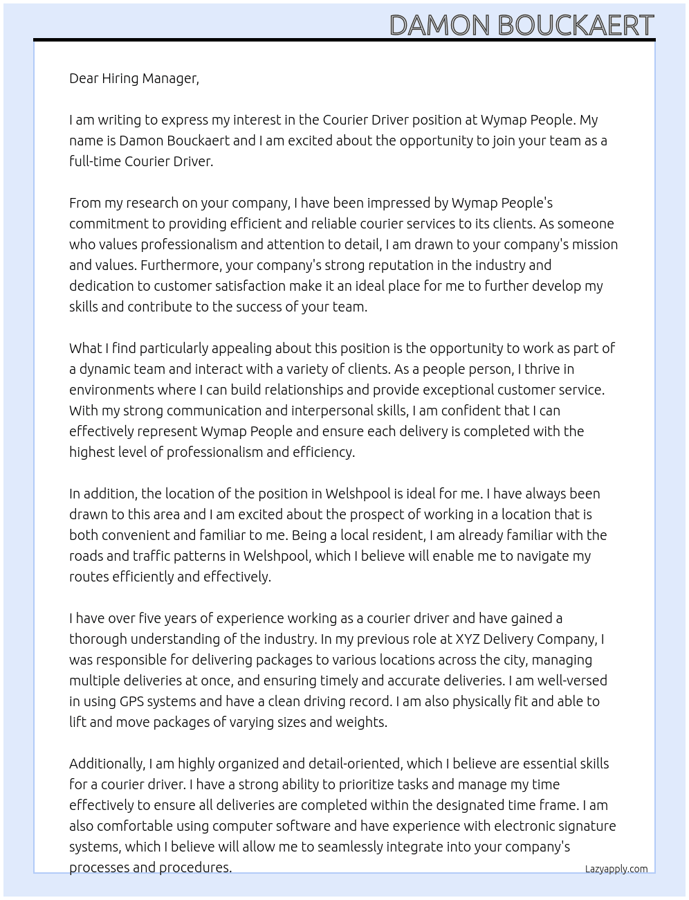 Courier Driver At Wymap People Cover Letter