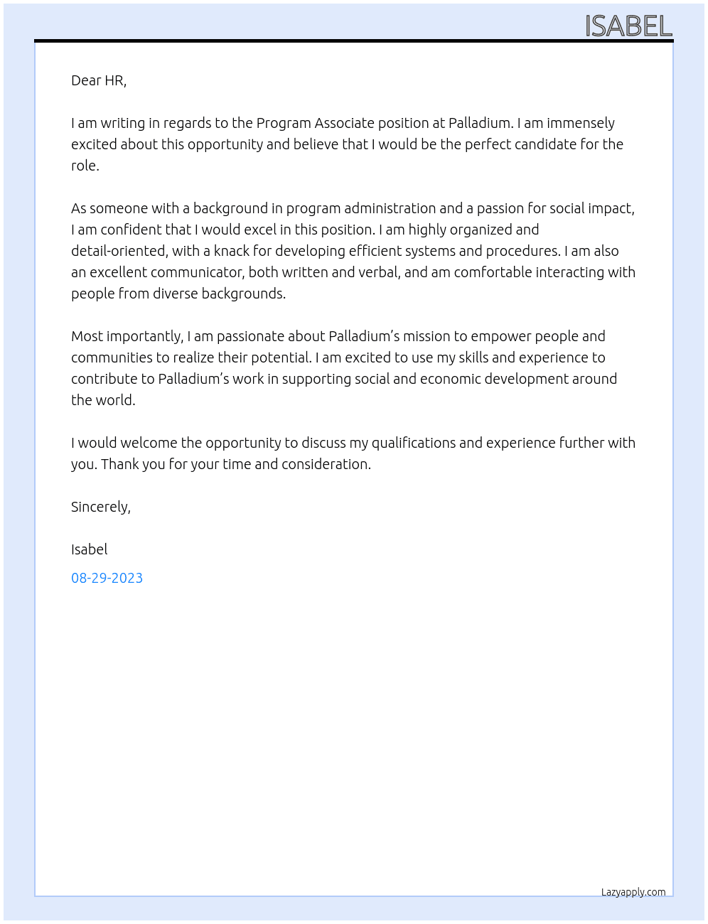 Program Associate  At Palladium  Cover Letter