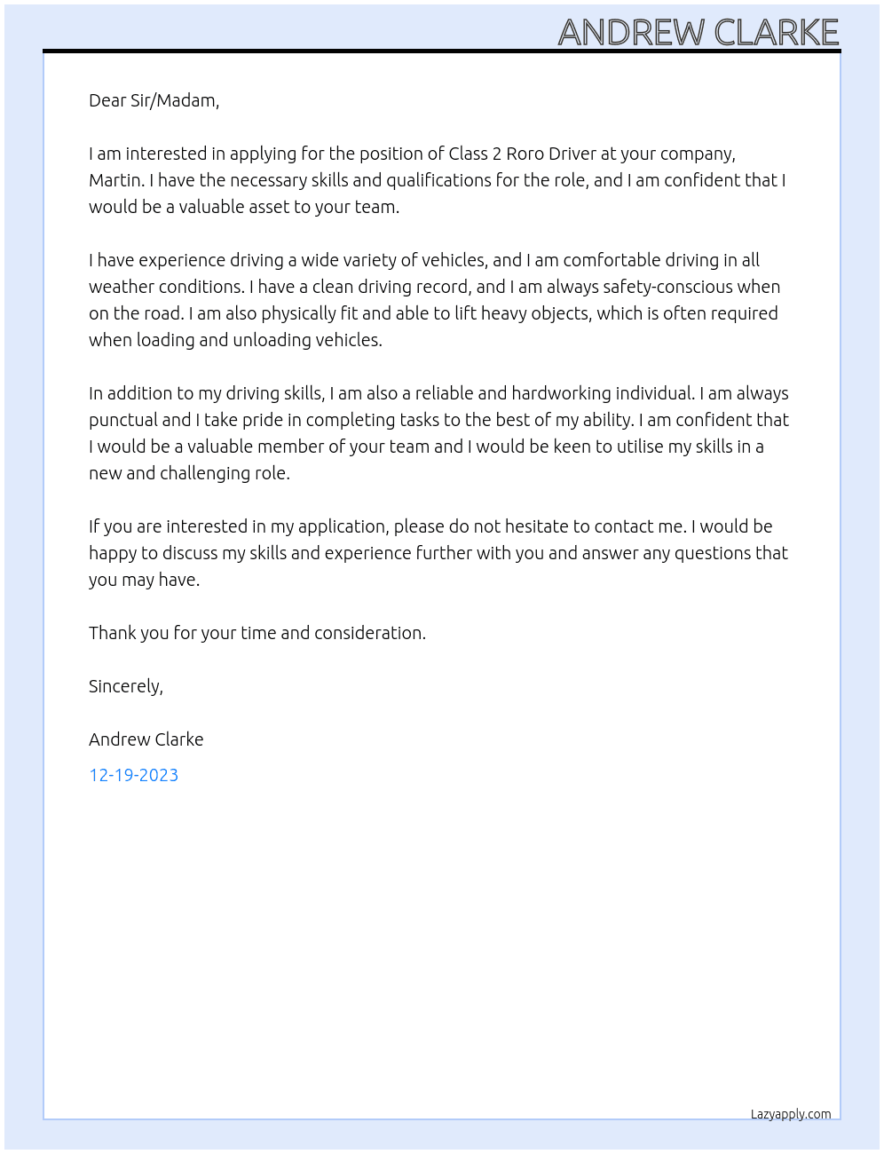 Class 2 Roro Driver At Martin Cover Letter