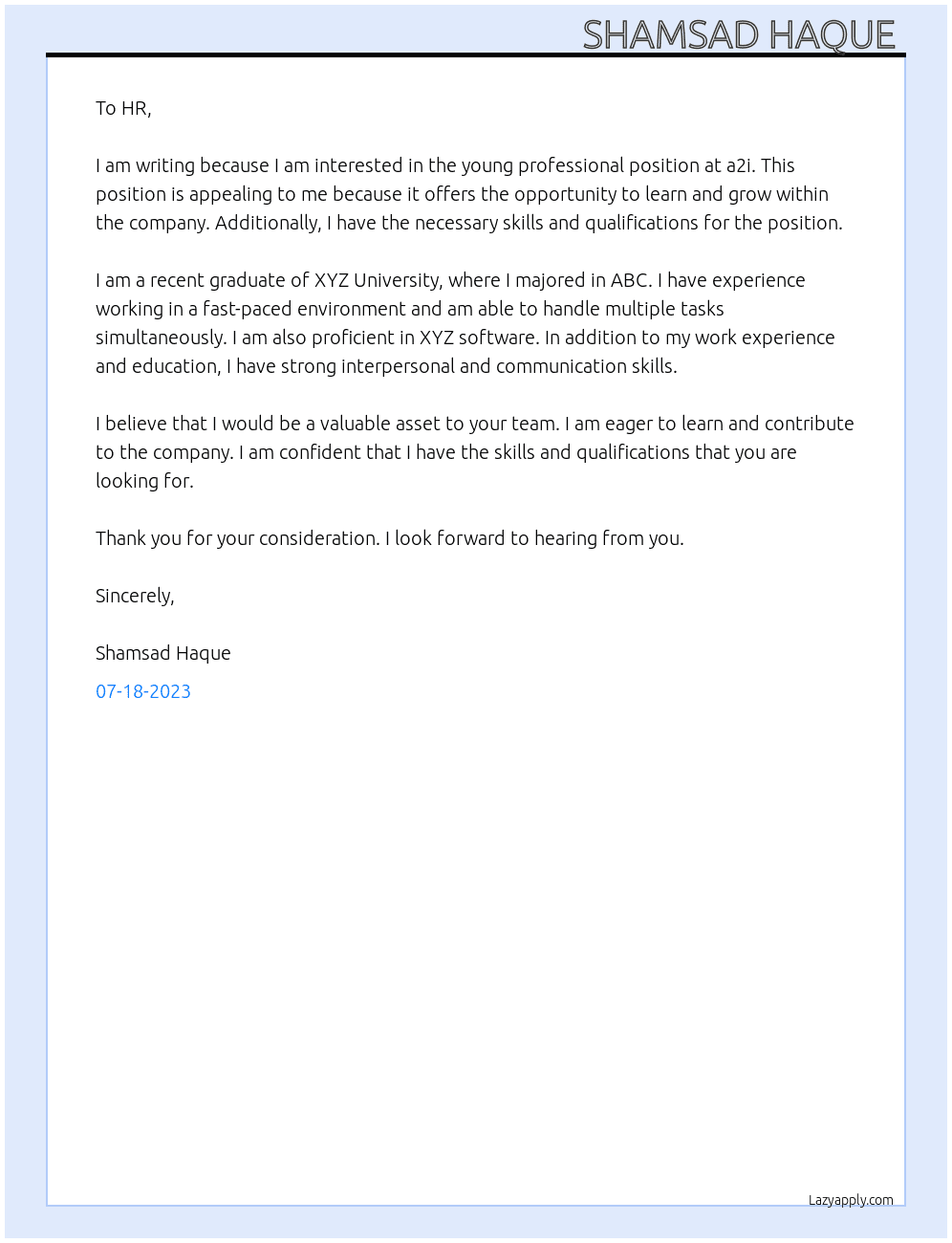 Young professional At a2i Cover Letter