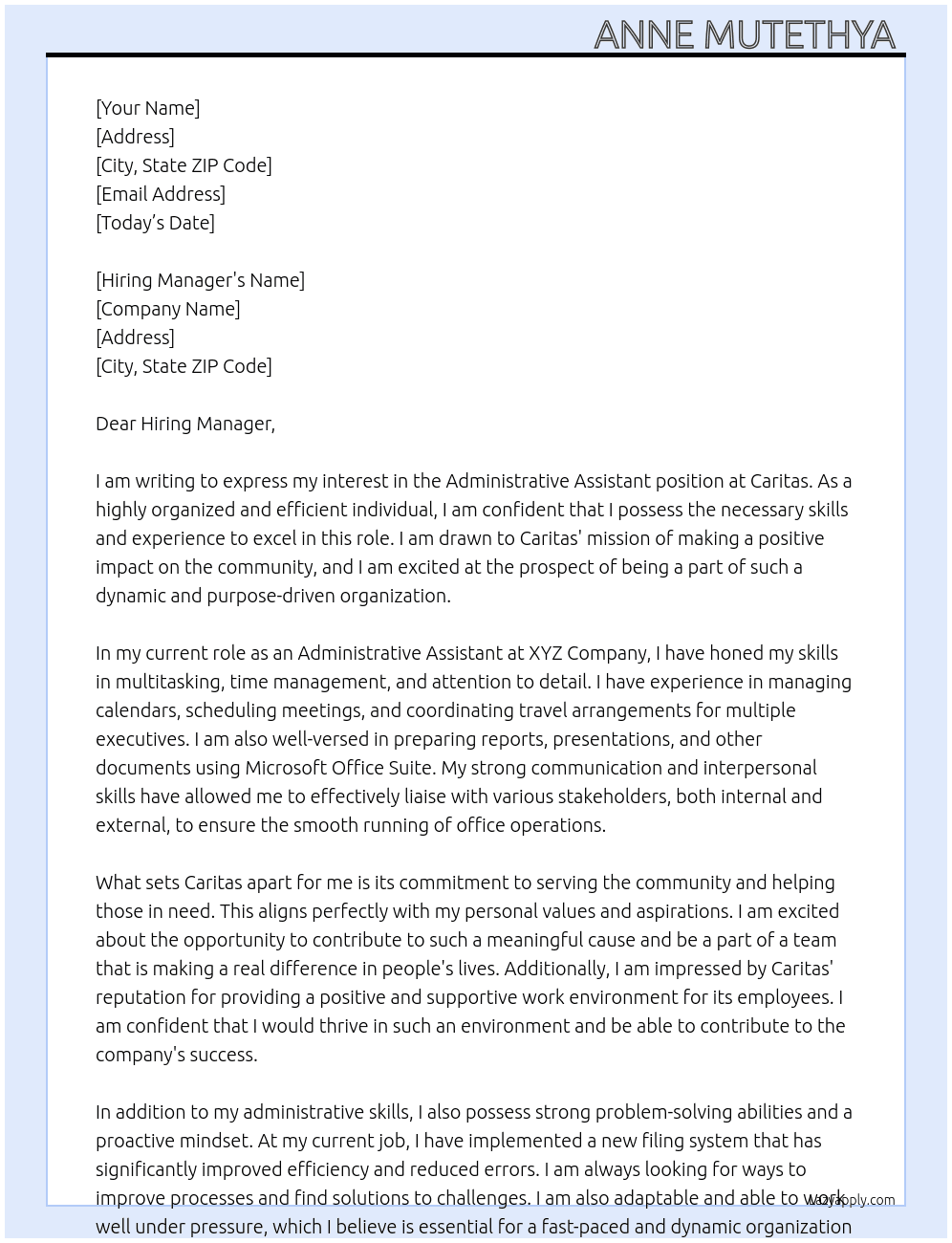 Administrative assistant  At Caritas Cover Letter