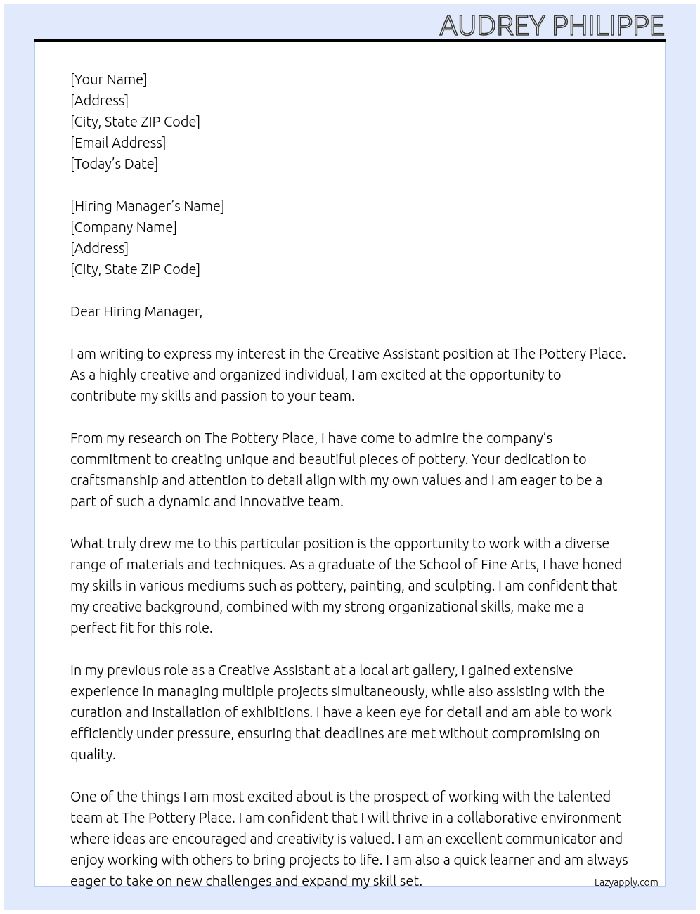 Creative assistant At The Pottery Place  Cover Letter