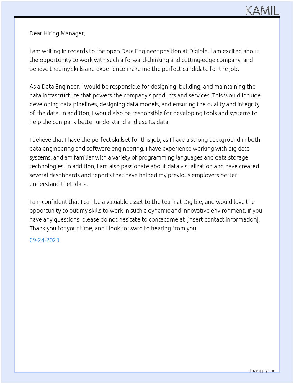 Data Engineer At Digible Cover Letter