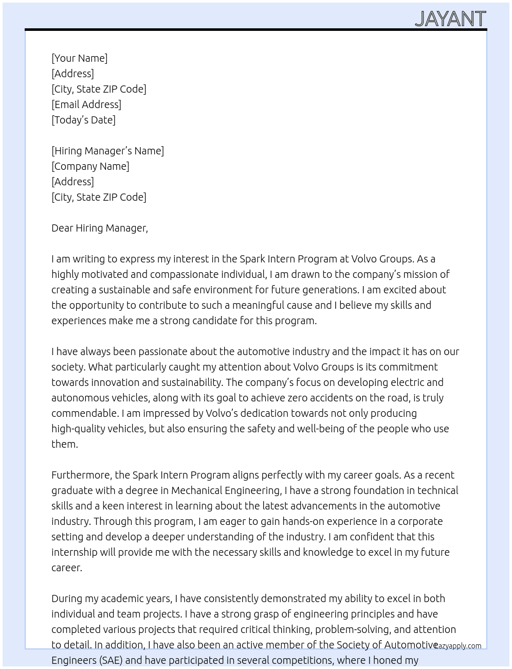 Spark INtern Program At Volvo Groups Cover Letter