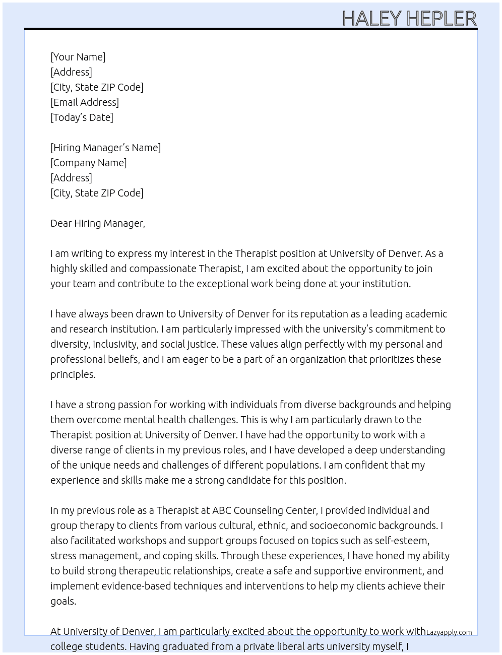 Therapist At University of Denver Cover Letter