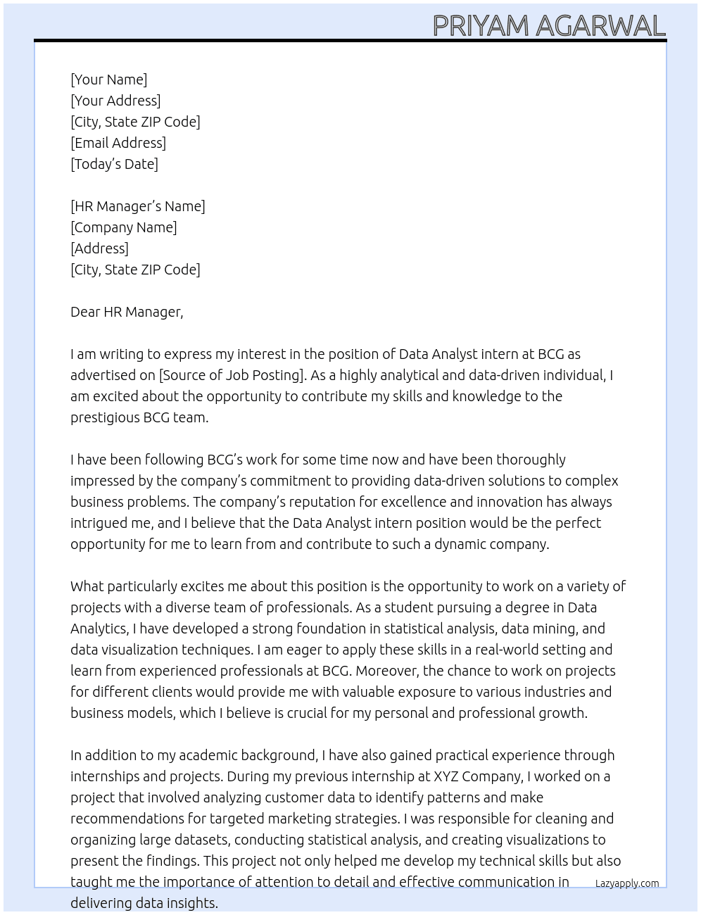 Data Analyst Intern At BCG Cover Letter