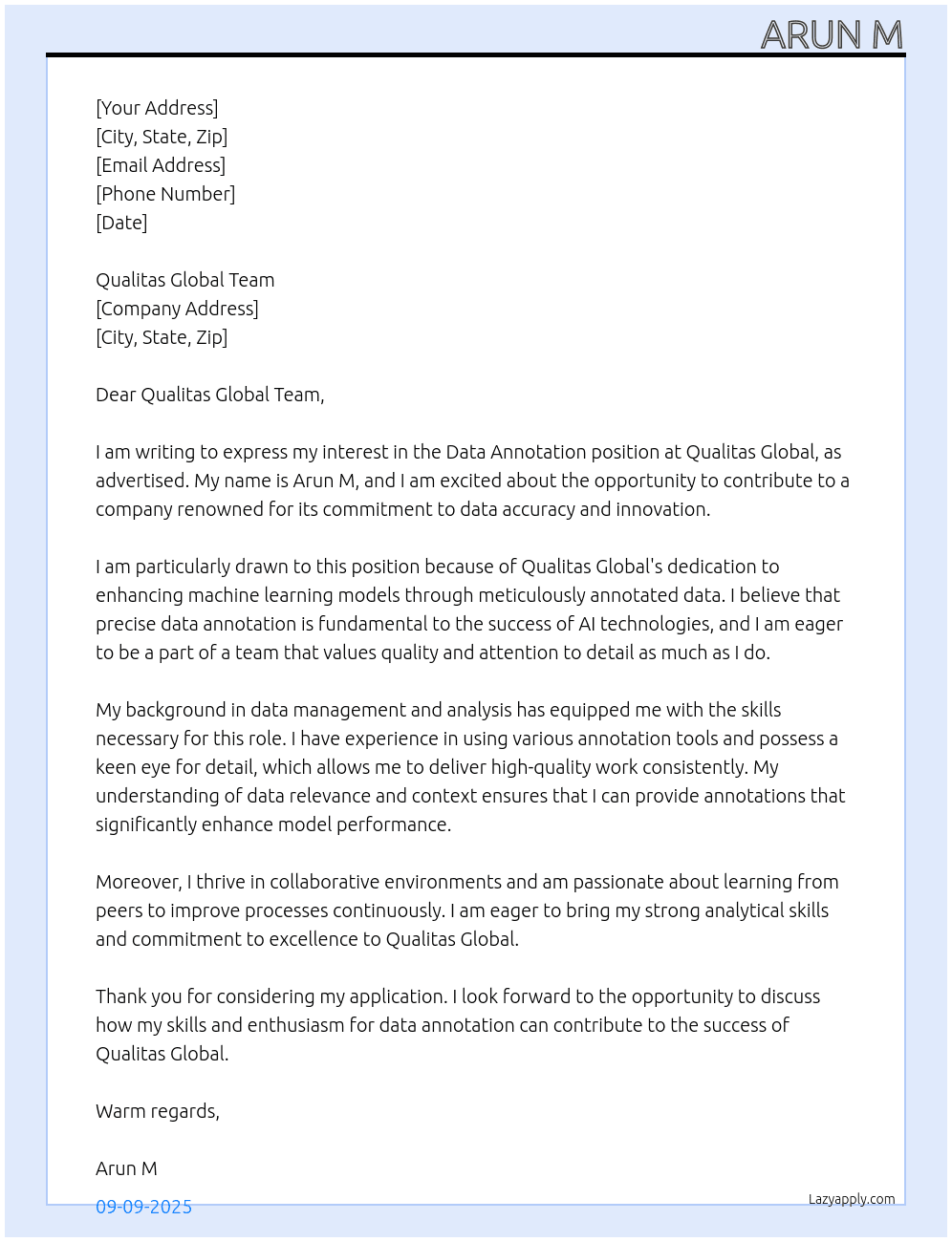 data annotation At Qualitas Global Cover Letter