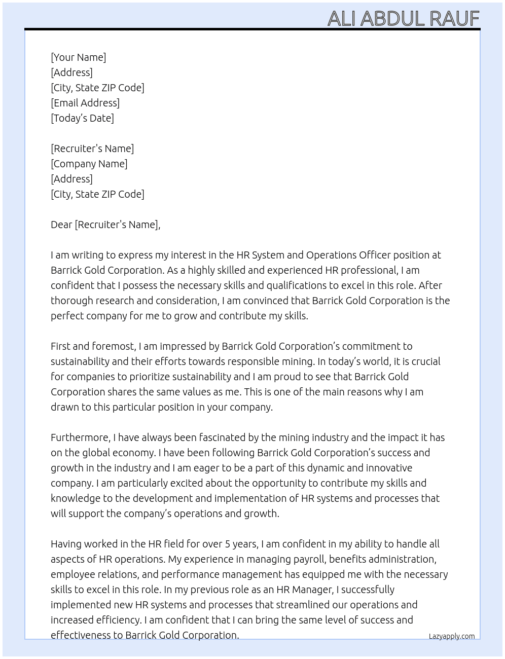 HR System and Operations Officer At Barrack Gold Corporation Cover Letter