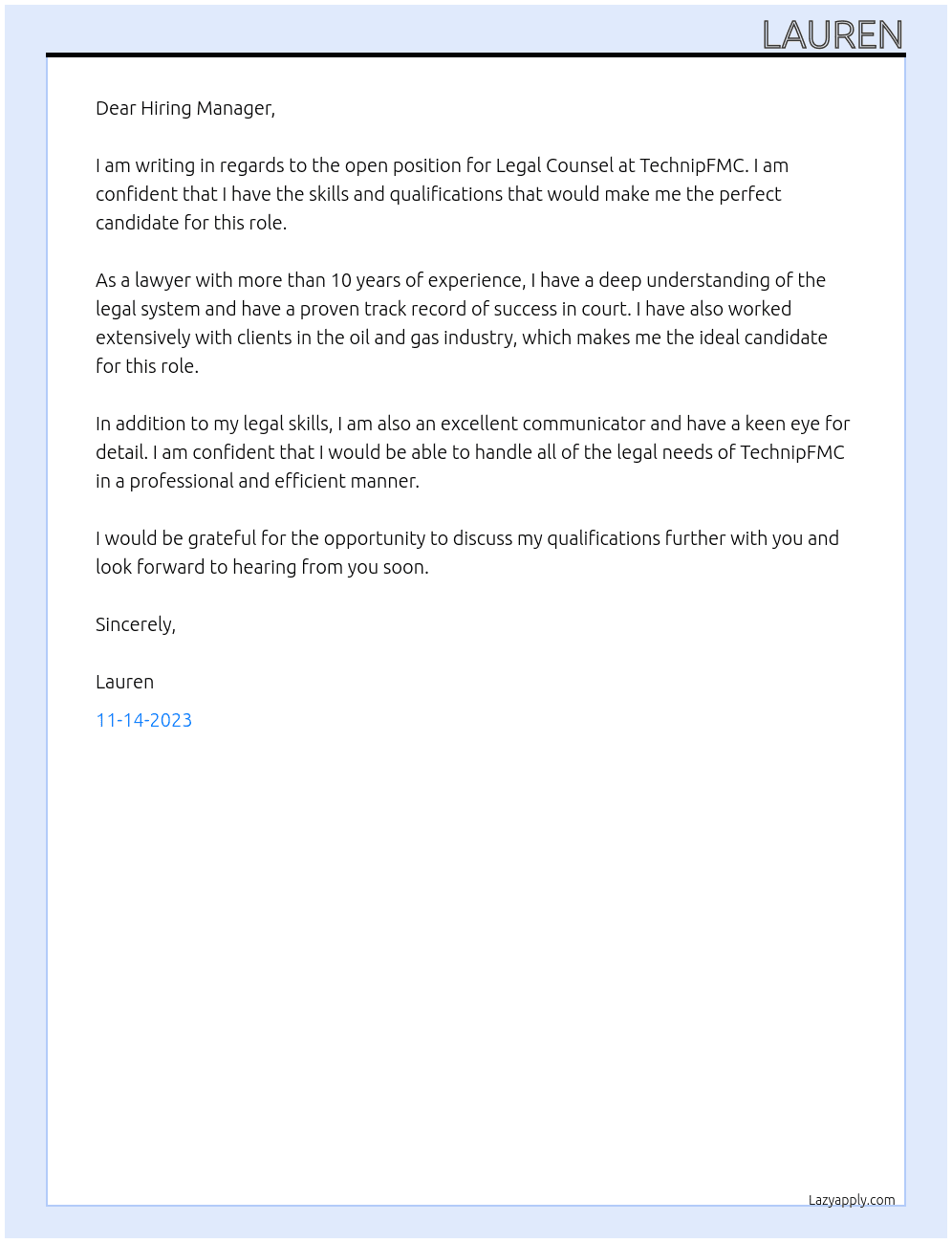 Legal Counsel At TechnipFMC Cover Letter