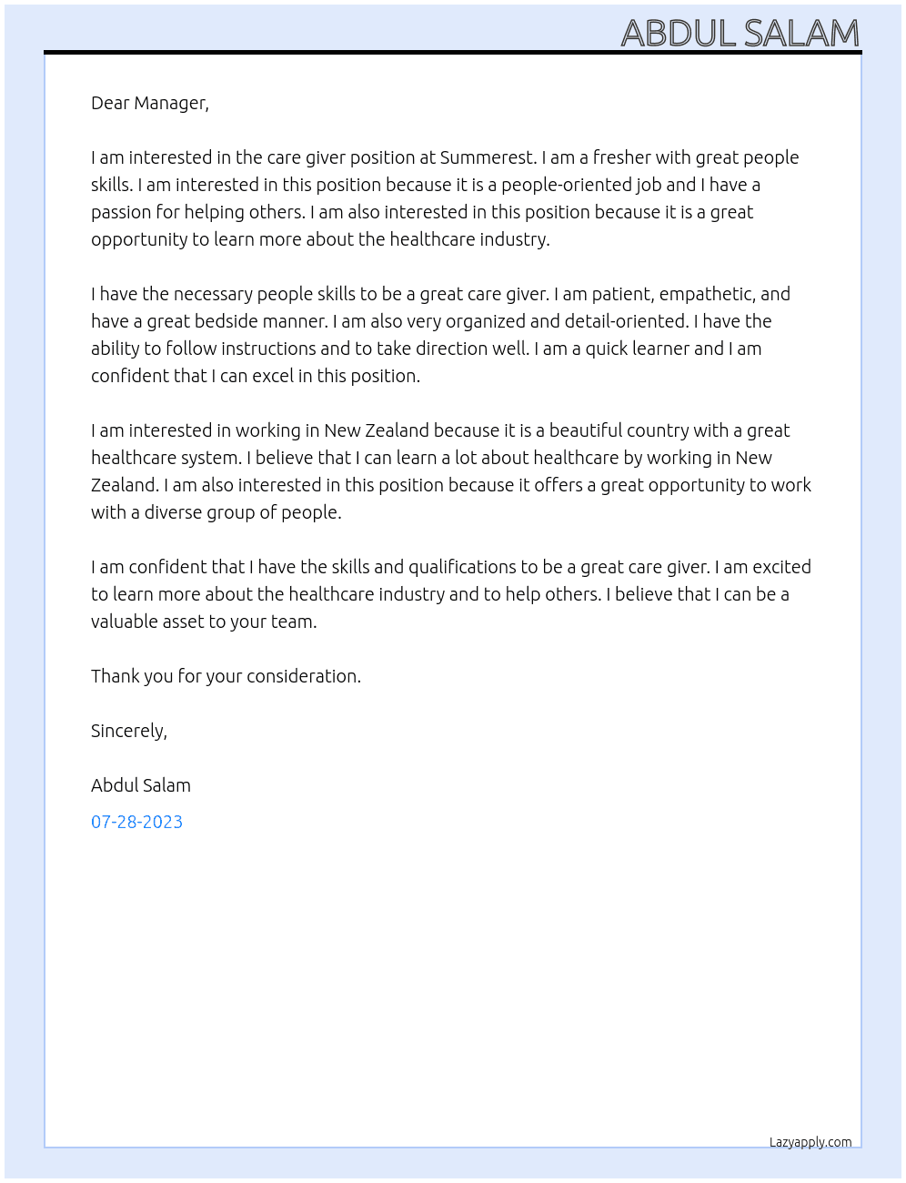 Care giver At Summerest Cover Letter