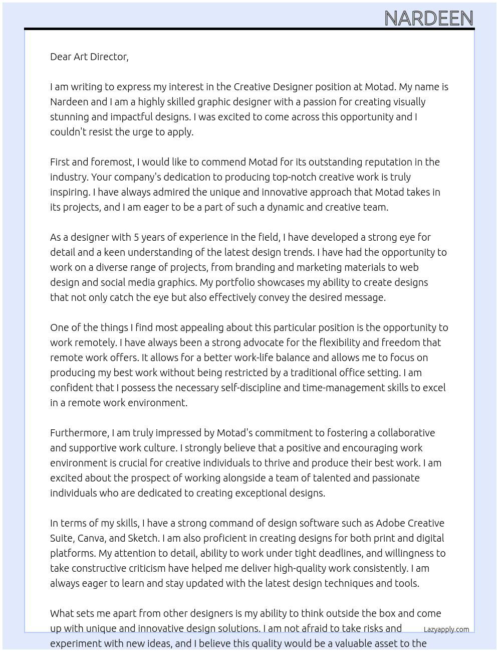 Creative Designer At Motad Cover Letter