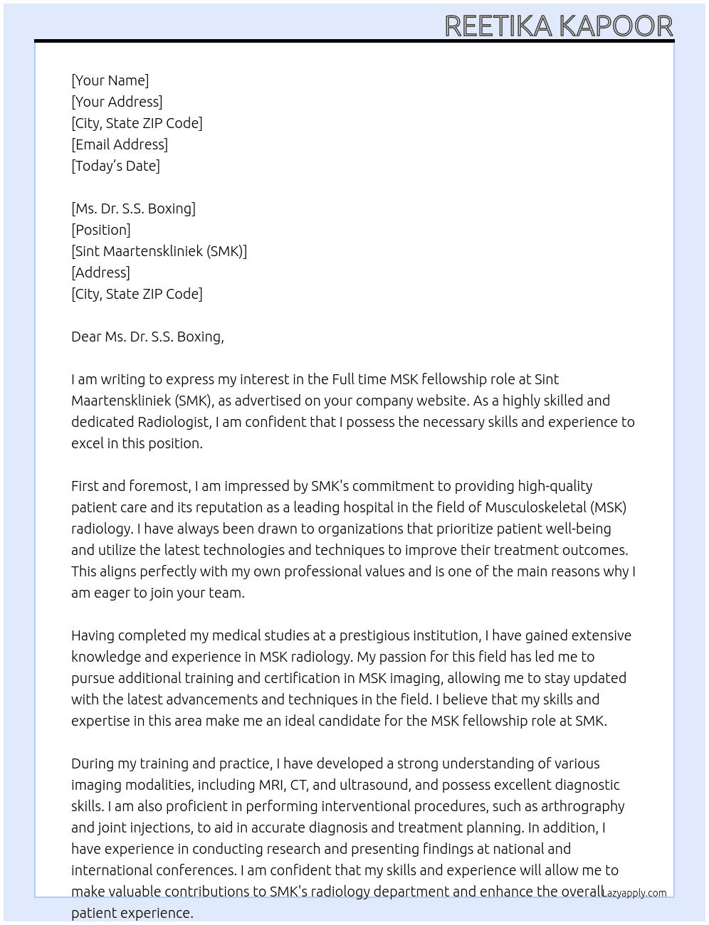 Fellowship At Sint Maartenskliniek (SMK) Cover Letter