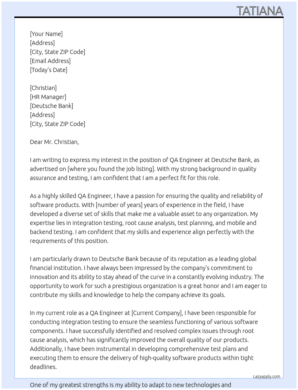 QA Engineer At Deutsche bank Cover Letter