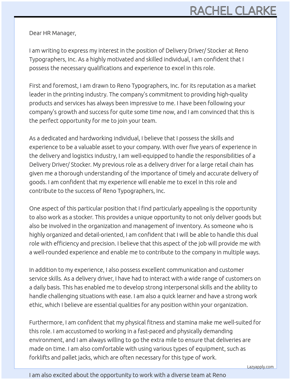 Delivery Driver / stocker At Reno Typographers,inc Cover Letter