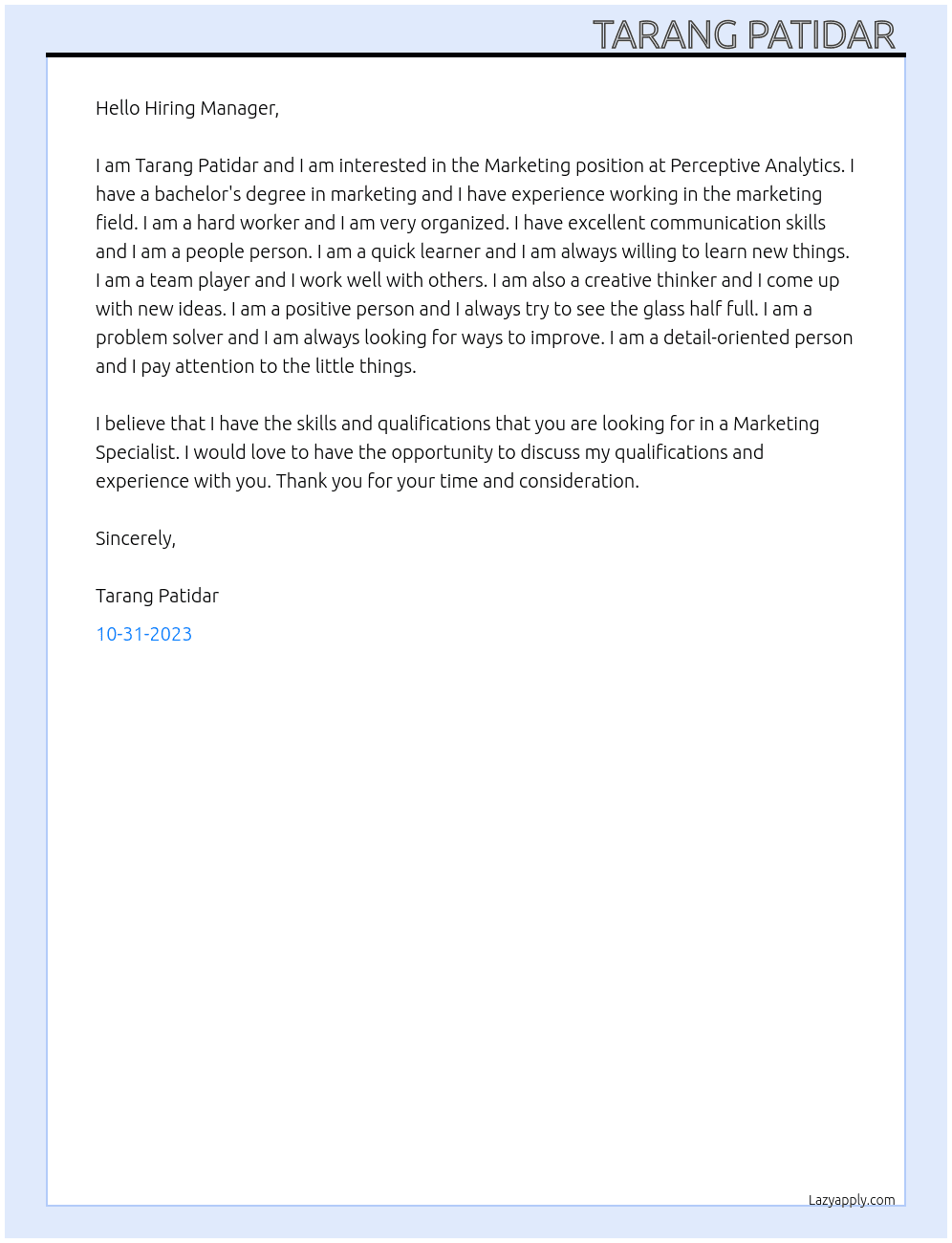 Marketing  At Perceptive Analytics  Cover Letter