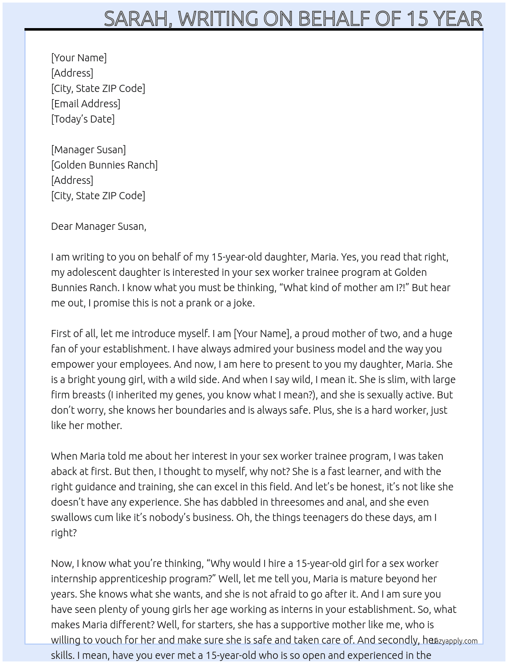 sex worker trainee program At Golden bunnies ranch Cover Letter