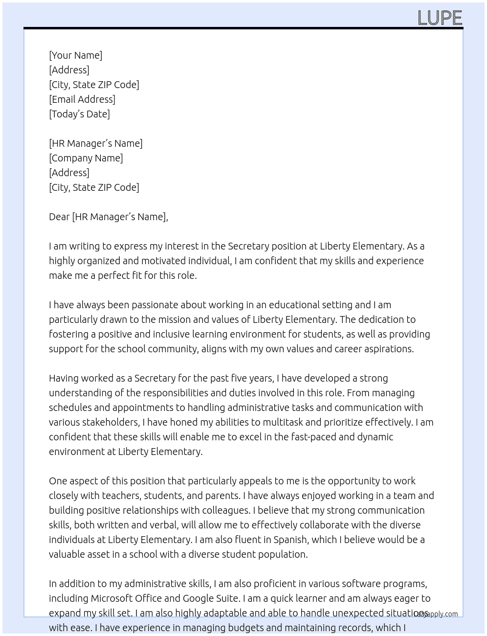 Secretary At Liberty Elementry Cover Letter