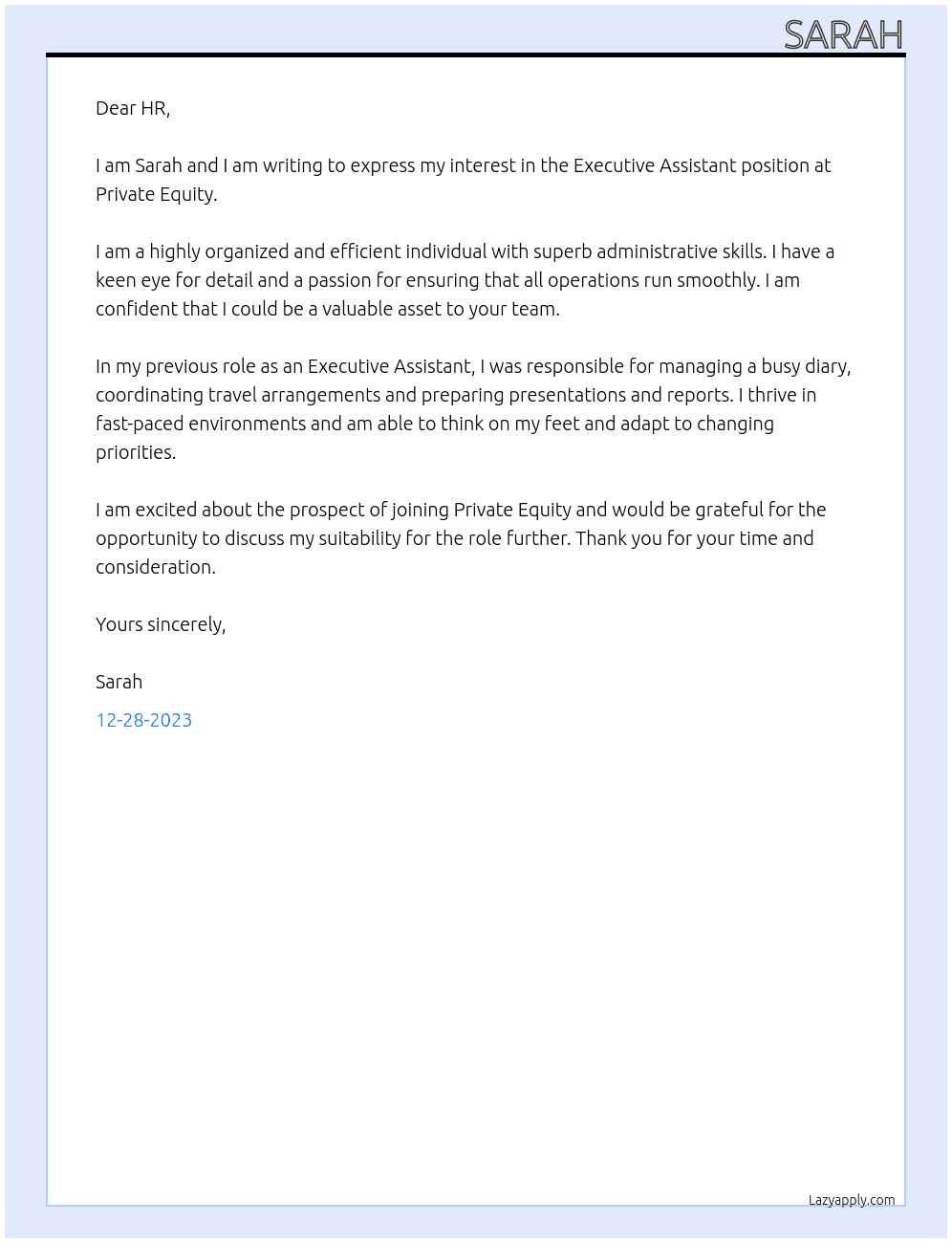 Executive Assistant At Private Equity Cover Letter